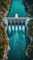 Aerial view of a river hydroelectric dam showcasing renewable energy production, modern sustainability, and complementary color tones with space for text..
