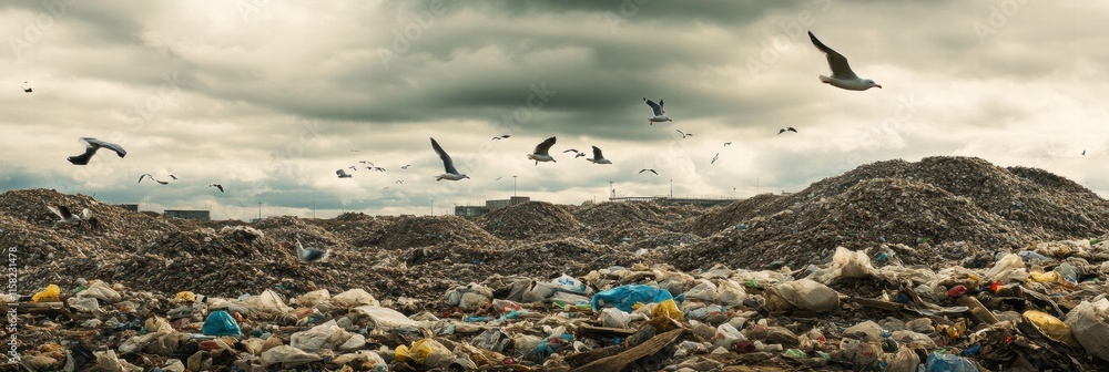 Poster seagulls soar over a sprawling landfill under a cloudy sky, capturing the stark reality of urban was