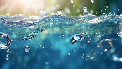 surface of transparent, blue, clear water with bubbles, splashes, and ripples. Summer banner backdrop in an abstract style Waves of water in the sun with copy space Micellar toner emulsion for cosmeti