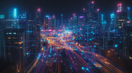 Fototapeta premium Smart Innovation city with connection cyber security network reciprocity over the night cityscape future wireless digital city and social media networking systems that connects people in the city