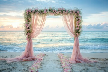 A tranquil beach wedding backdrop featuring gentle waves and a romantic sunset, ideal for dreamy photography and coastal wedding invitations..