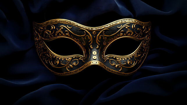 Ornate masquerade mask signifying betrayal and concealed identities on dark velvet background. Obfuscate. Illustration