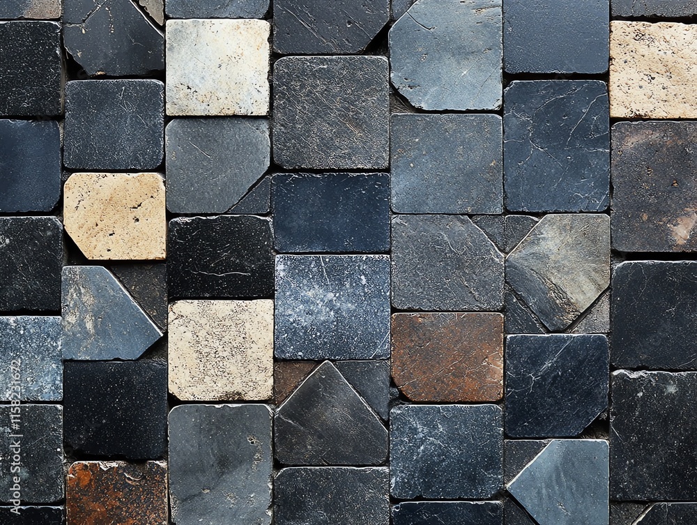 Poster A textured mosaic of various stone tiles in different shapes and colors.