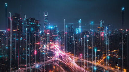 Smart Innovation city with connection cyber security network reciprocity over the night cityscape future wireless digital city and social media networking systems that connects people in the city