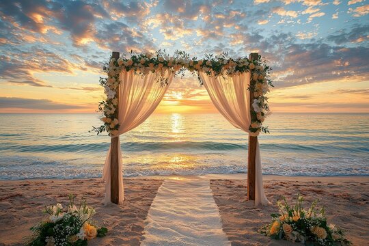A tranquil beach wedding backdrop featuring gentle waves and a romantic sunset, ideal for dreamy photography and coastal wedding invitations..