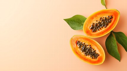 Half-cut papaya with vibrant orange flesh and seeds, set on a natural-toned background, ample space for advertising, balanced composition,