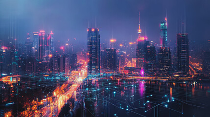 Smart Innovation city with connection cyber security network reciprocity over the night cityscape future wireless digital city and social media networking systems that connects people in the city