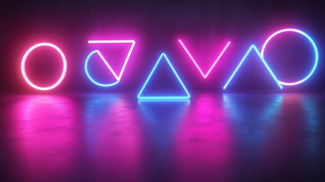 Neon geometric shapes illuminated on a reflective surface, creating a vibrant atmosphere.