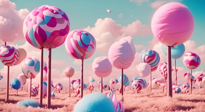 Whimsical Candyland: A Fantastical World with Giant Lollipops in Vibrant Colors, Twisting Candy Canes, and Rolling Hills of Sugar, Bathed in a Magical Glow Under a Cotton Candy Sky