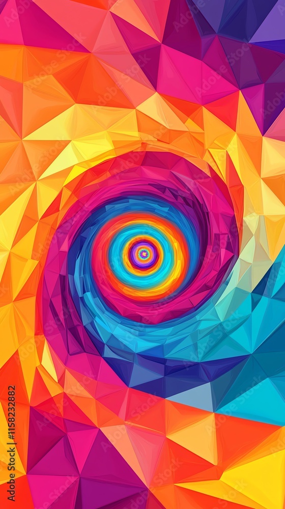 Poster a vibrant, swirling geometric pattern in bright colors creating a hypnotic visual effect.
