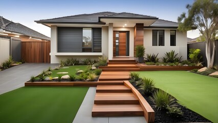 Fototapeta premium This modern Australian front yard features timber edging and artificial grass lawn turf, making it ideal for residential landscaping.