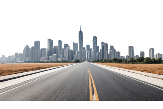 Empty road leading to a city skyline PNG