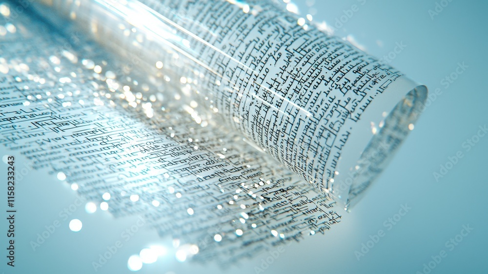 Poster a translucent scroll of text glimmers in soft light, creating a captivating visual effect with shimm