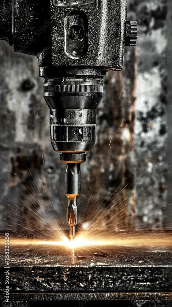 Poster precision drilling creates sparks in a workshop during evening hours highlighting craftsmanship and 