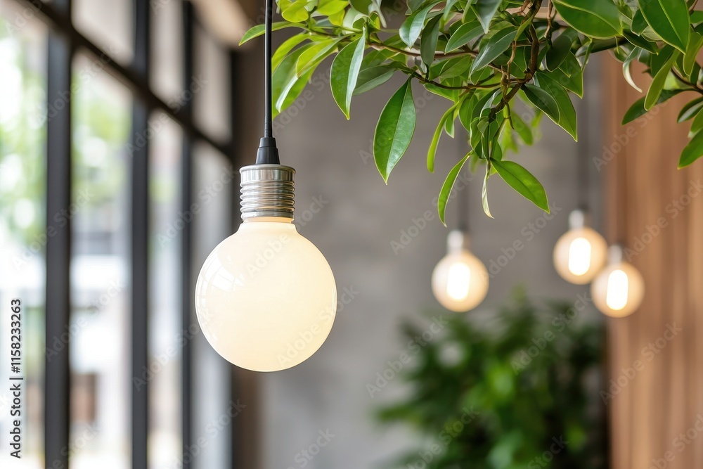 Aufkleber a modern light fixture hangs from greenery, creating a warm and inviting atmosphere in a stylish ind