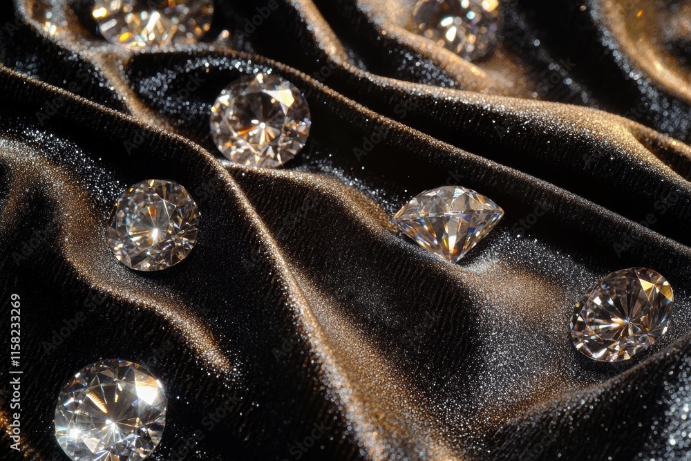 Aufkleber Sparkling large diamonds arranged on a luxurious black fabric with copy space for elegant presentation. Generative AI