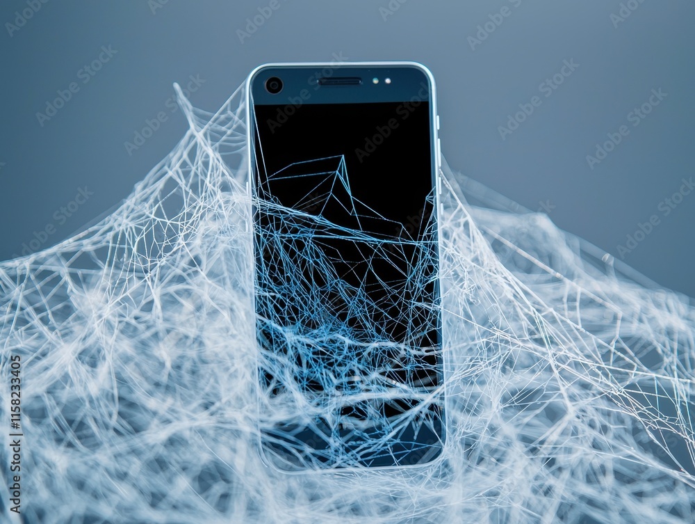 Poster a smartphone surrounded by intricate, web-like patterns, illustrating a blend of technology and conn