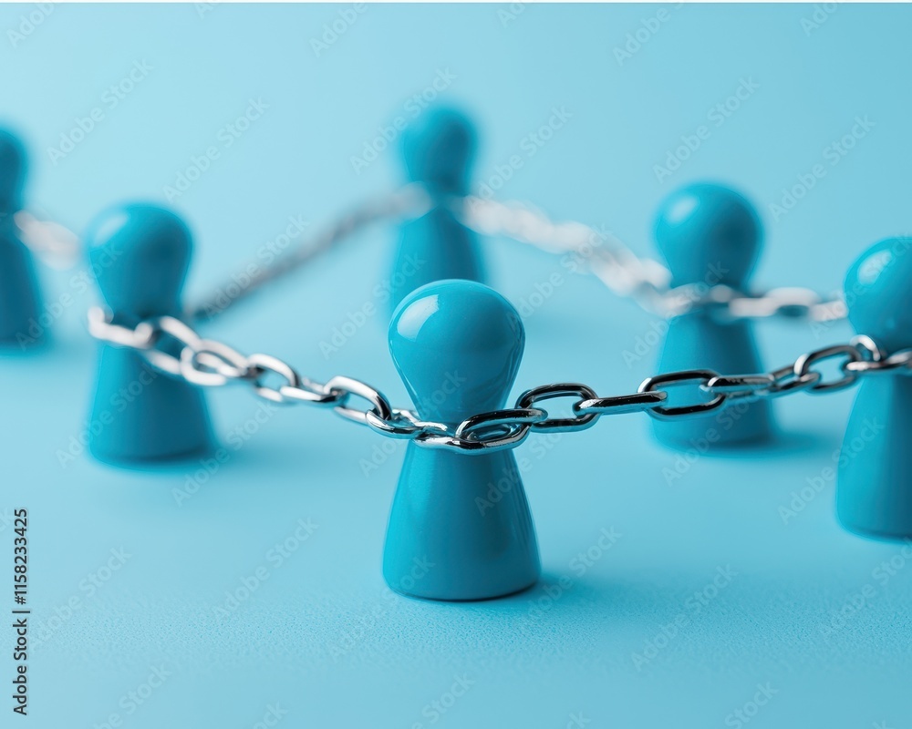 Aufkleber a group of blue game pieces linked by a chain, symbolizing connection and unity against a soft blue 