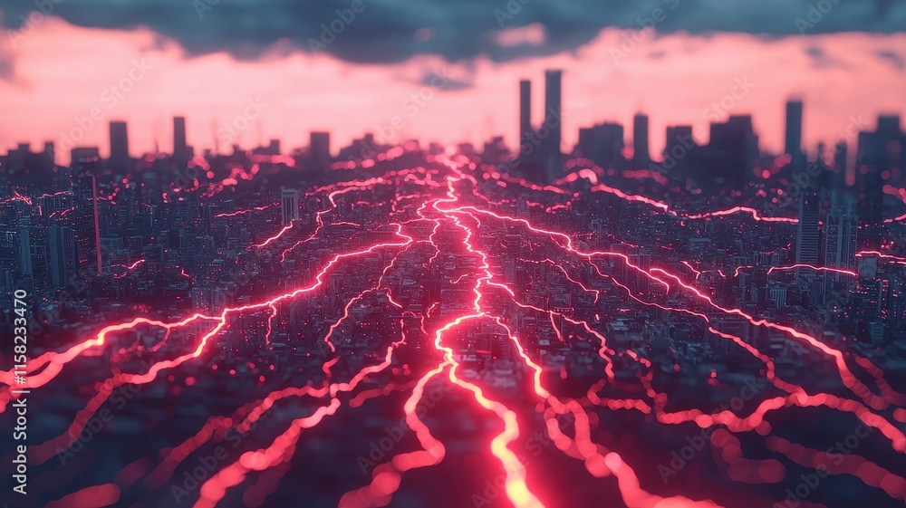 Poster a vibrant cityscape illuminated by striking red lightning, creating a dynamic contrast against a moo