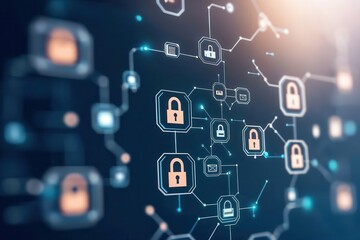 Fototapeta premium A digital network illustration featuring interconnected locks, symbolizing cybersecurity and data protection.