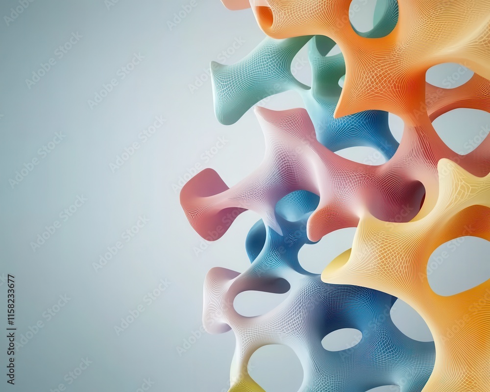 Poster a colorful, abstract design featuring interconnected shapes with various textures against a light ba