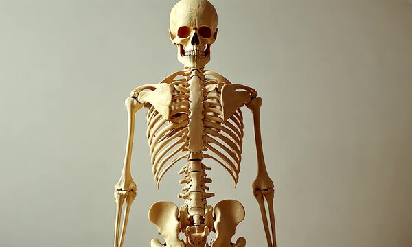 A human skeleton model viewed from the back, showcasing anatomical structure and details.