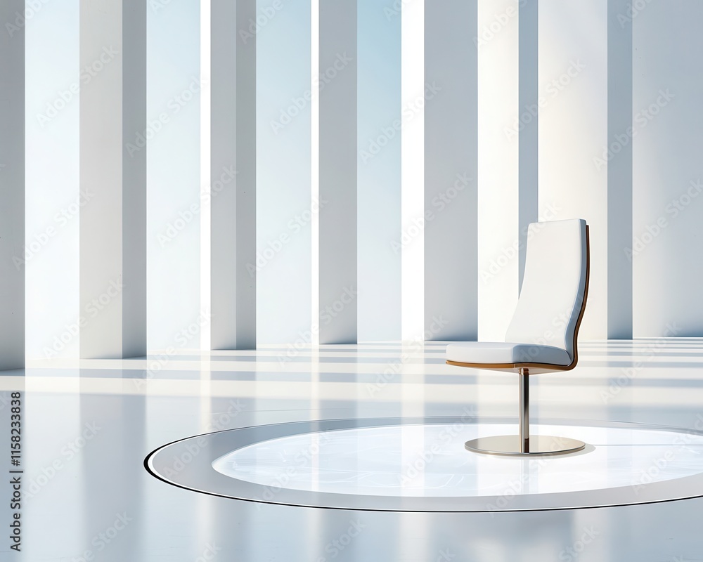 Poster a minimalist interior featuring a modern chair surrounded by white columns and a circular base, crea