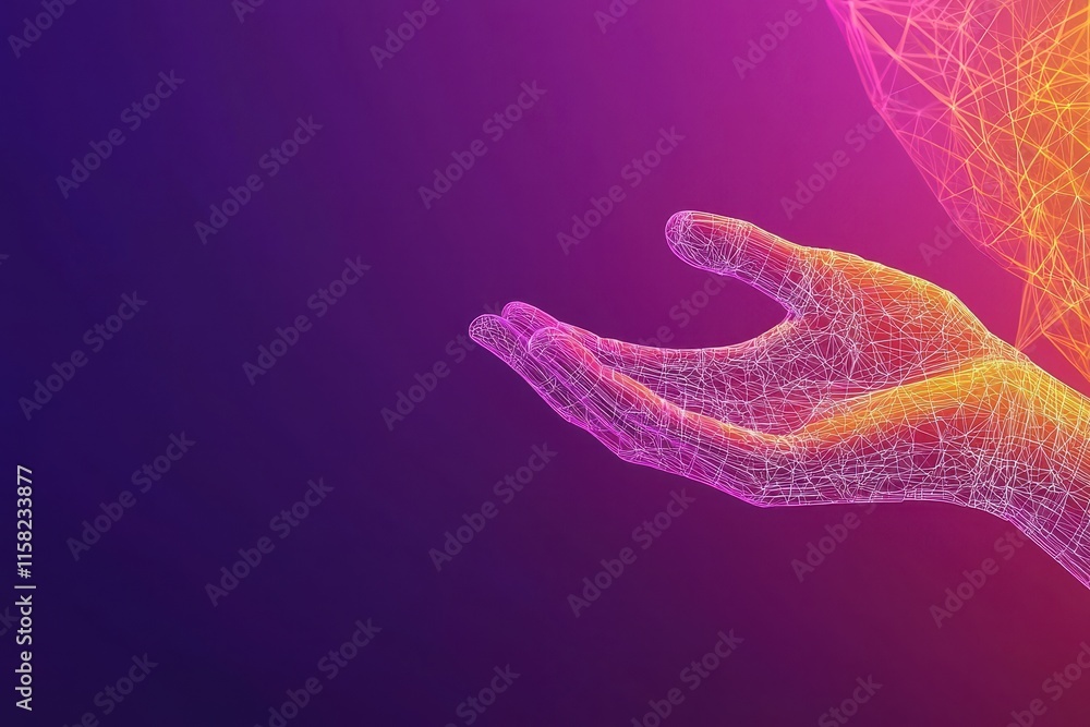 Poster a digital representation of a hand, composed of interconnected lines and dots, set against a vibrant