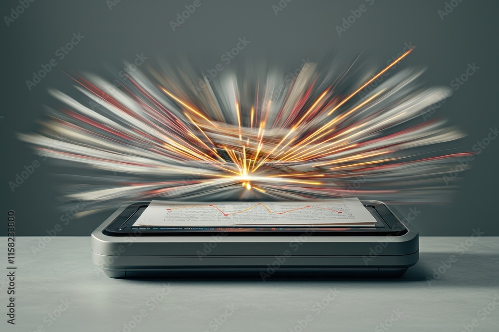 Poster a dynamic image of a tablet with a burst of colorful light and pages, symbolizing creativity and dig