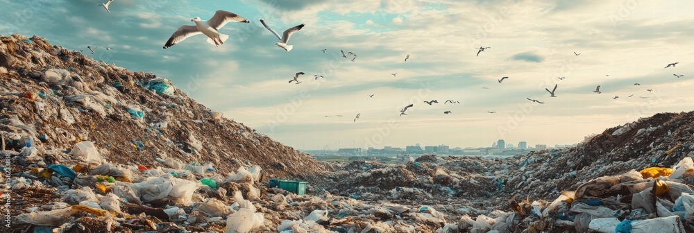 Poster seagulls soar above a massive landfill, creating a striking contrast against a cloudy sky. generativ