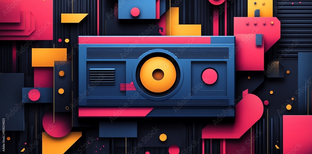 Poster a vibrant, abstract design featuring geometric shapes and a central speaker element.