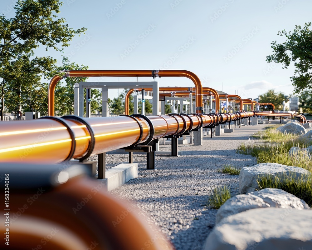 Aufkleber a modern pipeline system stretches into the distance, flanked by trees and rocks, showcasing industr