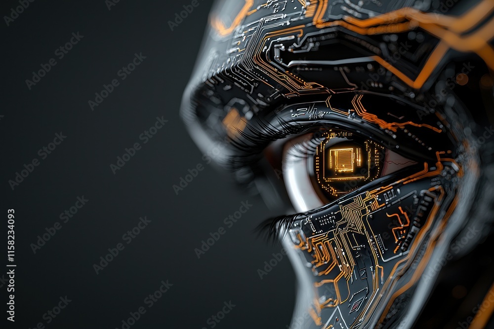 Poster a close-up of a futuristic robotic face, featuring intricate circuitry patterns and a glowing eye th