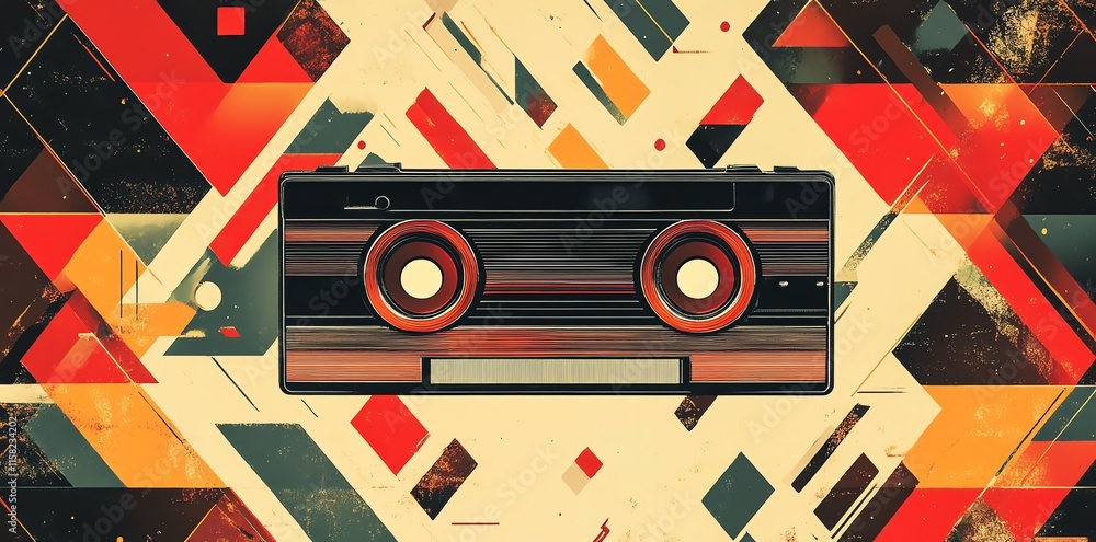 Poster a stylized retro radio surrounded by geometric patterns in vibrant colors.