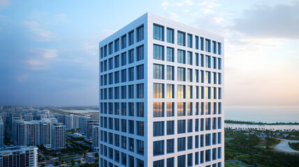 Fototapeta premium Modern skyscraper design and construction urban landscape architectural photography coastal city aerial view urban development