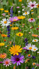Fototapeta premium Colorful meadow and garden flowers with insects, transparent background, masterpiece, with white tones