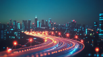 Smart Innovation city with connection cyber security network reciprocity over the night cityscape future wireless digital city and social media networking systems that connects people in the city