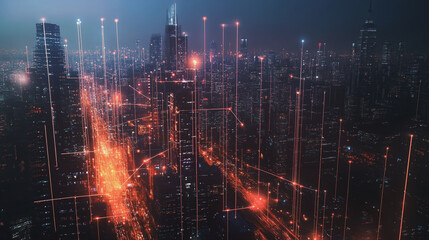 Obraz premium Smart Innovation city with connection cyber security network reciprocity over the night cityscape future wireless digital city and social media networking systems that connects people in the city