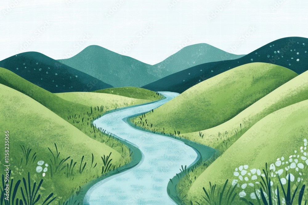 Poster serene landscape with rolling hills and a winding river in a naive art style inviting tranquility an