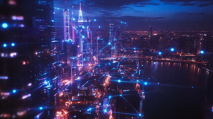 Fototapeta premium Smart Innovation city with connection cyber security network reciprocity over the night cityscape future wireless digital city and social media networking systems that connects people in the city