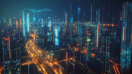 Obraz premium Smart Innovation city with connection cyber security network reciprocity over the night cityscape future wireless digital city and social media networking systems that connects people in the city