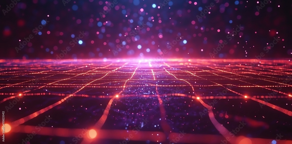 Leinwandbilder A digital landscape with glowing lines and particles, representing data and technology.