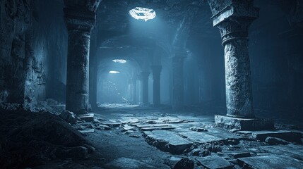 A dimly lit underground corridor with stone pillars and a rugged floor.