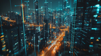 Smart Innovation city with connection cyber security network reciprocity over the night cityscape future wireless digital city and social media networking systems that connects people in the city