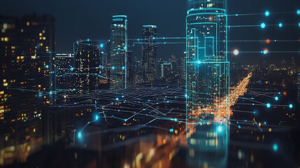 Naklejka premium Smart Innovation city with connection cyber security network reciprocity over the night cityscape future wireless digital city and social media networking systems that connects people in the city