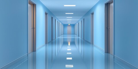 Obraz premium A serene blue corridor with reflection and illuminated doors.