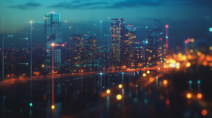 Obraz premium Smart Innovation city with connection cyber security network reciprocity over the night cityscape future wireless digital city and social media networking systems that connects people in the city