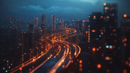 Obraz premium Smart Innovation city with connection cyber security network reciprocity over the night cityscape future wireless digital city and social media networking systems that connects people in the city