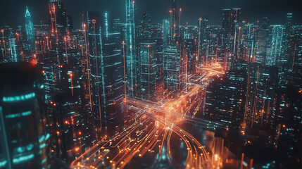 Smart Innovation city with connection cyber security network reciprocity over the night cityscape future wireless digital city and social media networking systems that connects people in the city