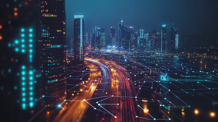 Fototapeta premium Smart Innovation city with connection cyber security network reciprocity over the night cityscape future wireless digital city and social media networking systems that connects people in the city